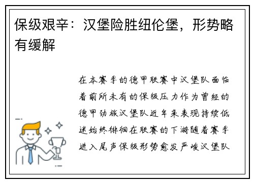 保级艰辛：汉堡险胜纽伦堡，形势略有缓解