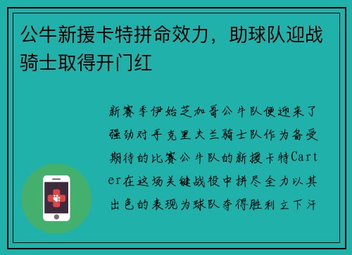公牛新援卡特拼命效力，助球队迎战骑士取得开门红